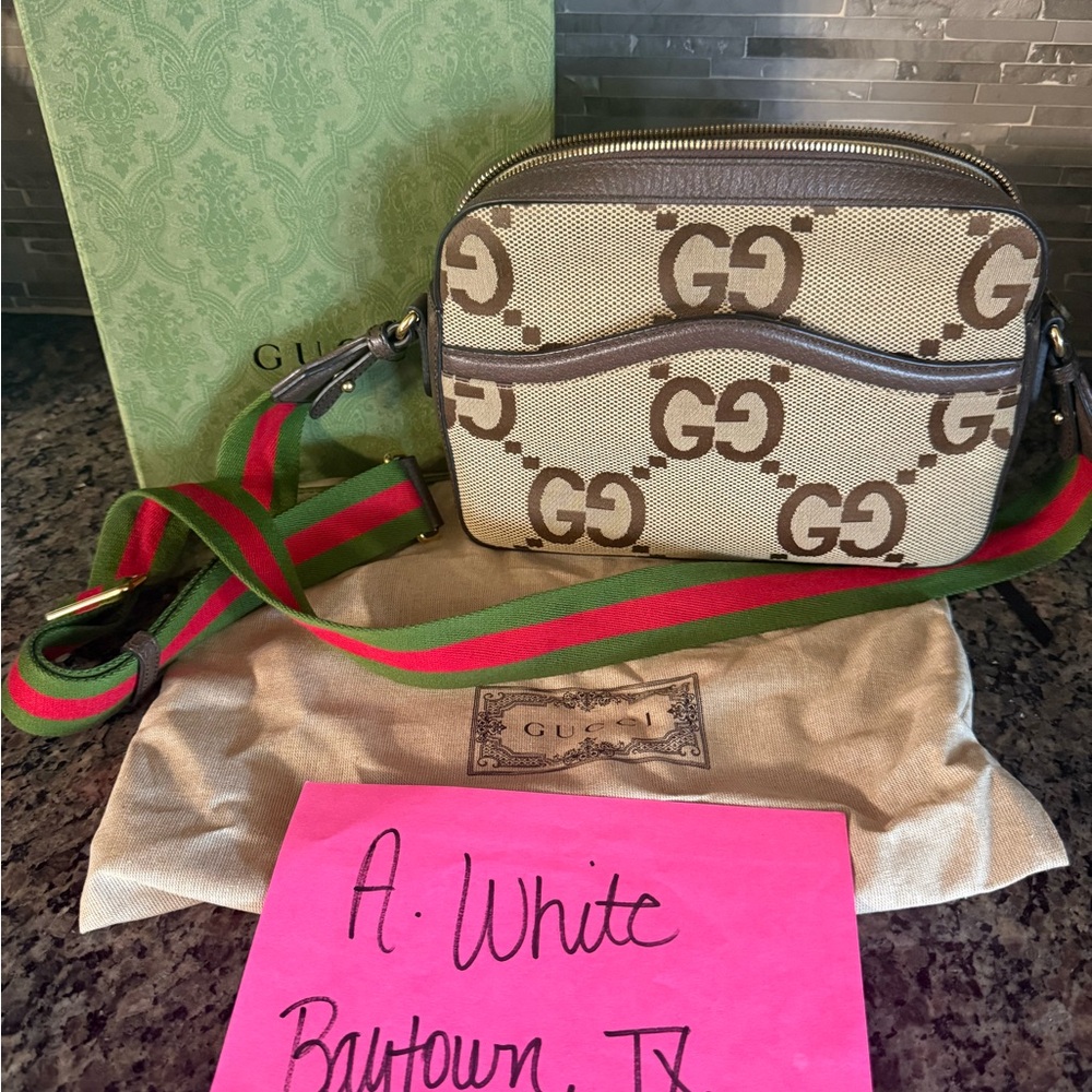 Gucci Brown and Beige Leather Bag with Green and Red Strap